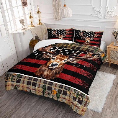 Acoinel 3 Pcs Western Deer Wild Animals Lightwight Ultra Soft Comforter Set with 2 Pillowcases, TWIN, Red