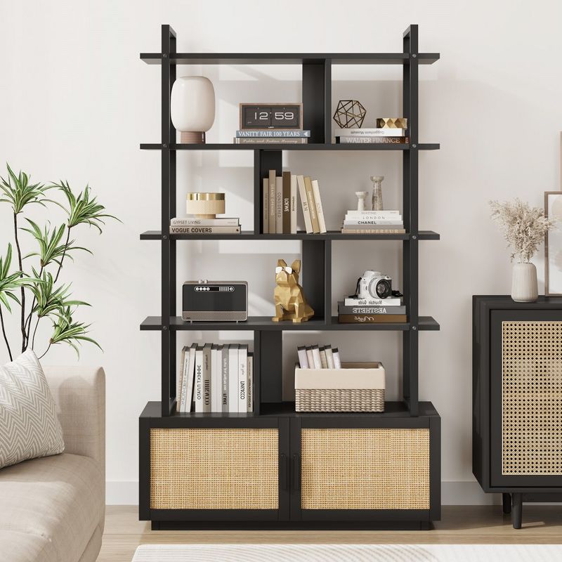 Whizmax 5 Tier Rattan Bookshelf with Storage Cabinet & Door, Industrial Book Shelf with Open Display Shelvesfor Living Room, Bedroom, 2 of 11