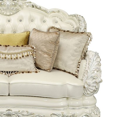 Adara 70" White Faux Leather Camelback Sofa with Nailhead Trim