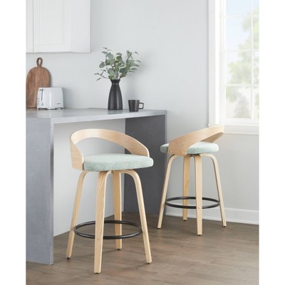 Set of 2 Green Swivel Counter Stools with Wood Legs