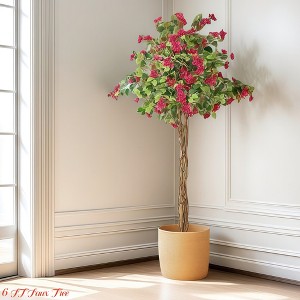 Artificial Bougainvillea Tree, 4FT/5 FT/6 FT Faux Tree w/Stable Planter for Indoor & Outdoor, Realistic Fake Plants w/ Pink Flowers & Wood Trunk - 1 of 4