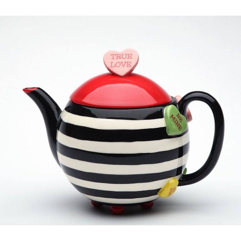 Kevins Gift Shoppe Hand Painted Ceramic Striped Teapot with Hearts, 1 of 4