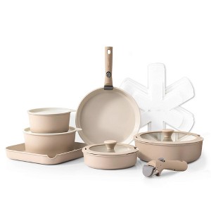 Aoibox 17-Piece Ceramic Nonstick Cookware Set with Removable Handles, Dishwasher & Oven Safe, Induction Compatible (Almond Beige) - 1 of 4