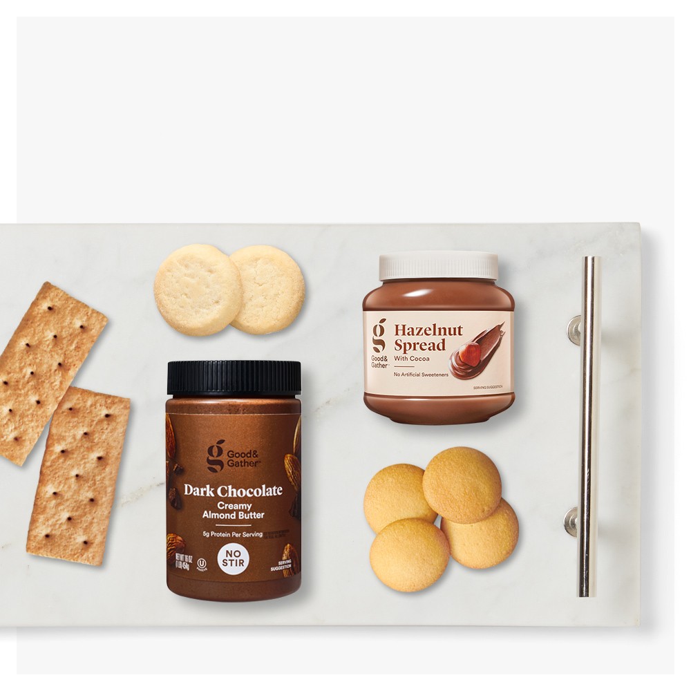Hazelnut Spread with Cocoa - 26.5oz - Good & Gather™, Dark Chocolate Almond Butter - 16oz - Good & Gather™, Honey Graham Crackers - 14.4oz - Market Pantry™, Pure Butter Cookie Bite - 7oz - Favorite Day™, Vanilla Artificially Flavored Wafer Cookies - 11oz - Favorite Day™, 14" x 6" Marble Serving Tray with Metal Handles White - Threshold™