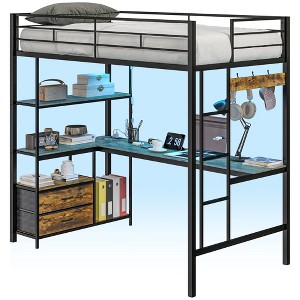 HOMCOM Twin Loft Bed with Desk, LED Lights, Charging Station, Twin Size Metal Loft Bed Frame with Storage, Guardrail, Ladder, Noise Free, Black - 1 of 4