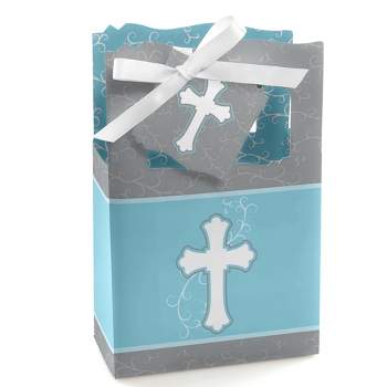 Big Dot of Happiness Little Miracle Boy Blue & Gray Cross - Baptism or Baby Shower Favor Boxes - Set of 12