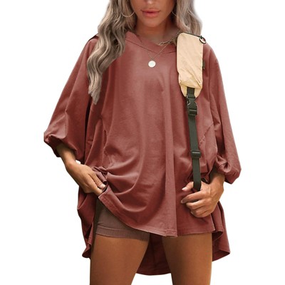 EXLURA Summer 3/4 Length Sleeve Womens Tops Casual Loose V Neck Tunic Tops Oversize T Shirts Solid Basic Tees Blouses 2025