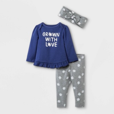 Baby Girls' 2pc 'Grown with Love' Top & Bottom Set with Headband - Cat & Jack™ Blue 0-3M