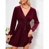Women's Velvet Dress Wrap V Neck Pleated Waist Long Sleeve Casual Party Skater Dresses - 2 of 4