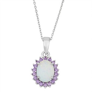 Opalata Sterling Silver, White Inlay Opal with Amethyst CZ Border Oval 18" Pendant Necklace - White - 1 of 2
