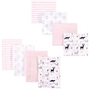 Hudson Baby Infant Girl Cotton Flannel Burp Cloths and Receiving Blankets, 8-Piece, Linocut Woodland Girl, One Size - 1 of 2