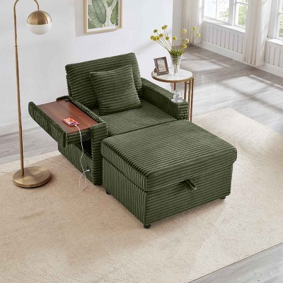 Single Sofa with Storage Ottoman, Multi-Functional Sofa with USB and Foldable Side Table, Corduroy Lazy Sofa with Wood Frame-Coolbibila