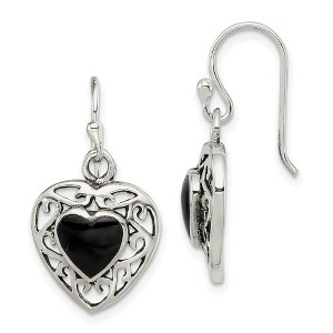 Black Bow Jewelry 14mm Black Onyx Heart Dangle Earrings in Antiqued Sterling Silver - 1 of 4