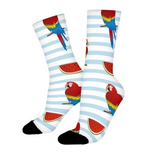 Wattermelon Parrots With Stripes Women Printed Crew Socks Funny Funky Socks Soft Polyester Novelty Gifts for Artists Men - 1 of 1