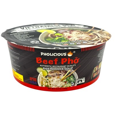 PHO: BEEF, Pholicious Authentic Instant Pho , Vietnamese Rice Noodle Soup, 4 pack / 3.6 Ounce Bowls, Ramen Alternative & Fresh Ingredients