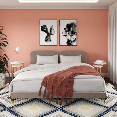 Wooakway King Size Velvet Upholstered Platform Bed with Foam Padded Headboard Gold Legs Ivory/Taupe Bed Frame No Box Spring Needed Sturdy Wood Frame