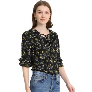 Allegra K Women's Ruffled Neck Floral Tie Neck Ruffle Sleeve Top - 1 of 4