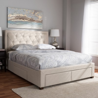 Luxurious King-Sized Light Beige Upholstered Bed with Tufted Headboard and Storage Drawers