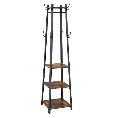 Metal Framed Ladder Style Coat Rack with Three Wooden Shelves Brown and Black - Benzara