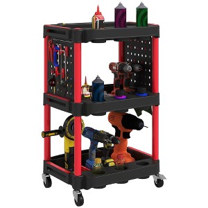 HOMCOM 3-Tier Rolling Tool Cart with Wheels, 200 LBS Capacity Plastic Utility Cart with Side Shelves for Garage, Workshop, Black and Red - 1 of 4