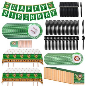NewHome"171-Piece Baseball Party Supplies Kit – Themed Plates, Cups, Napkins, Cutlery, Tablecloth & Decor"Green - 1 of 4