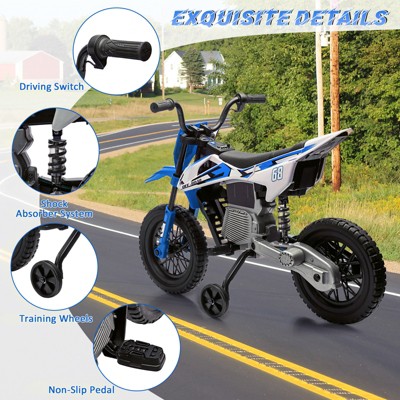 12V Blue and White Electric Motorcycle for Kids with Training Wheels