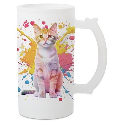 100 North Freezable Beer Stein Mug With Thumb Grip Handle, 16 Ounce Frosted Glass, Tabby Cat Paint Splatter