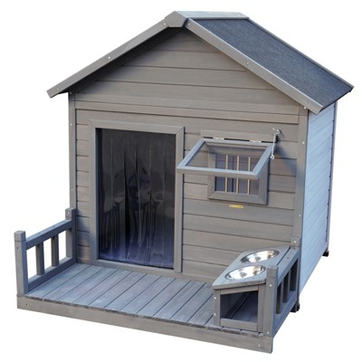 VisioGear Large Balcony Doghouse with Large Terrace, Weatherproof Large Dog House, Gray, 44.2"*44.6"*44.6"