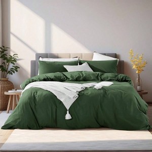 Queen Duvet Cover Set, 98x98, Linen Look,100 Washed Cotton, Zipper Closure, Breathable, Forest Green No Comforter - 1 of 4