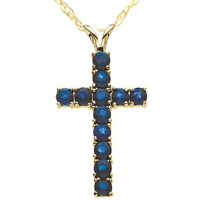 Pompeii3 1 1/5 Ct Genuine Blue Sapphire Cross Pendant Necklace 18" Yellow Gold 1" Tall - 1 of 3