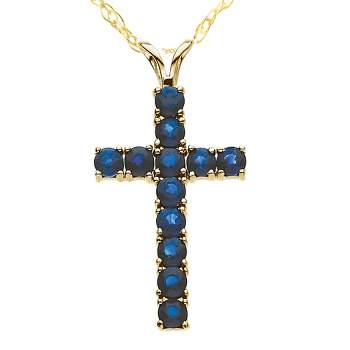 Pompeii3 1 1/5 Ct Genuine Blue Sapphire Cross Pendant Necklace 18" Yellow Gold 1" Tall
