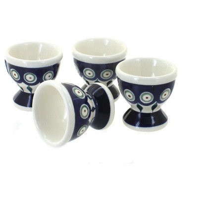 Blue Rose Polish Pottery Peacock Egg Cup Set