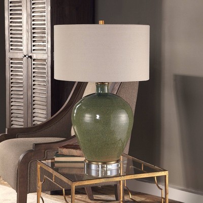 Distressed Emerald Green Ceramic Table Lamp with Beige Linen Shade