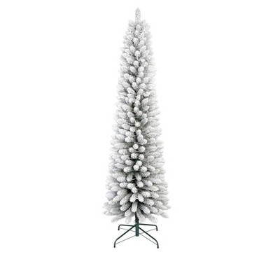 Snow Flocked Pencil Christmas Tree 9FT – Slim Artificial Xmas Tree with Metal Stand, 703 Snowy Tips, Skinny Holiday Decor for Indoor Home & Office