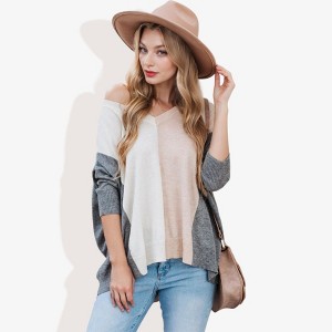 Anna-Kaci Women's V-Neck Patchwork Multicolor One Shoulder Sweater for Casual Looks - 1 of 4