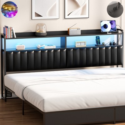 Aheaplus Upholstered Headboard with LED Light, Height Adjustable Headboards with Storage and Outlets