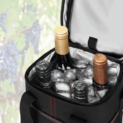 Black Insulated 4-Bottle Wine Tote Carrier with Shoulder Strap