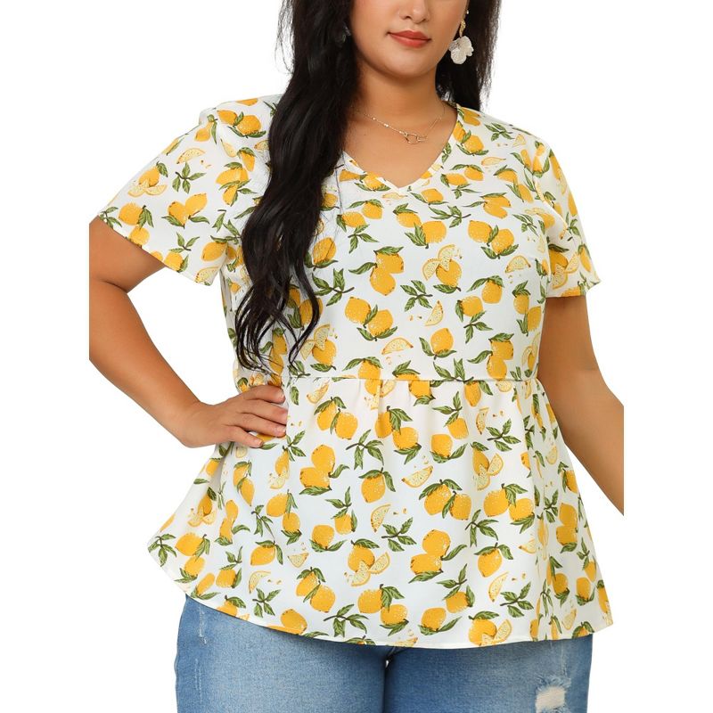 Agnes Orinda Women's Plus Size Casual V Neck Lemon Floral Summer Beach Peplum Blouses, 2 of 7