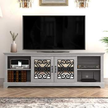 Galano Calidia 68.2 in. 2 Door TV Stand Fits TV's up to 75 in. in Knotty Oak with Gray Stone, Dusty Gray Oak with Gray Stone