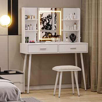 White Vanity Desk, Makeup Vanity Desk with Touch Light Mirror, Power Outlet, Stool, and 2 Drawers