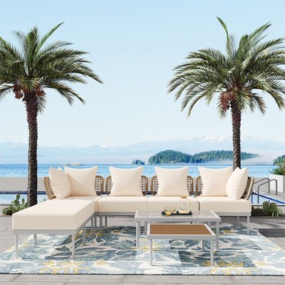 8 Piece Patio Furniture Sets, Outdoor Furniture With 2 Coffee Tables, 2 Corner & Single Chairs, 2 Ottomans, 6 Cushions And Pillows