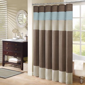 Sapphtopaz Faux Silk Dupioni Shower Curtain with Pintuck Detailing, 72x72" Colorblock Design Shower Curtain for Bathroom with Light Sheen - 1 of 4