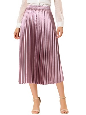 INSPIRE CHIC Women's Party Elastic Waist Metallic Shiny Accordion Pleated Midi Skirt