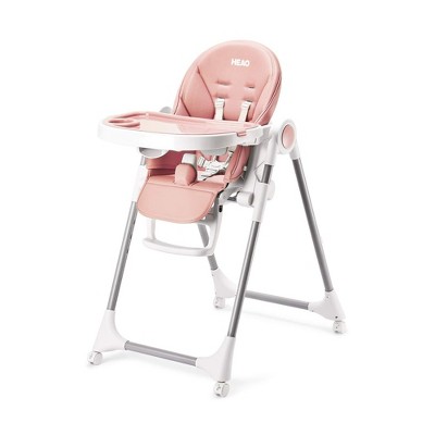 HEAO Adjustable 7 Height 5 Reclining Angle Foldable Baby High Chair with 360 Degree Rotating Wheels, 3 Footrest Positions, and Removable Tray