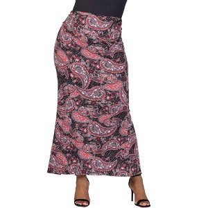 24seven Comfort Apparel Plus Size Paisley Print Fold Over Waist Maxi Skirt - 1 of 4