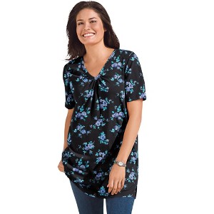 Woman Within Plus Size Perfect Printed Short-Sleeve Shirred V-Neck Tunic - 1 of 4
