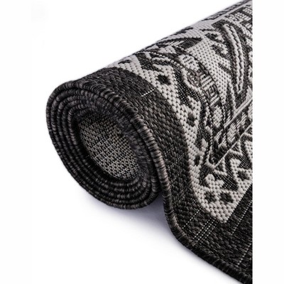 Charcoal Gray and Ivory 8 ft Square Outdoor Aztec Rug