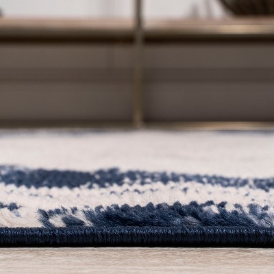 Ivory and Navy Synthetic Medallion Runner Rug
