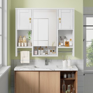 VECELO Bathroom Storage Cabinet with Mirror & Towel Rack, Wall Mounted Medicine Cabinet with Door & Open Shelves, White - 1 of 4