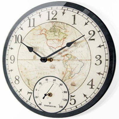 Black Vintage-Style World Map 14" Indoor/Outdoor Wall Clock